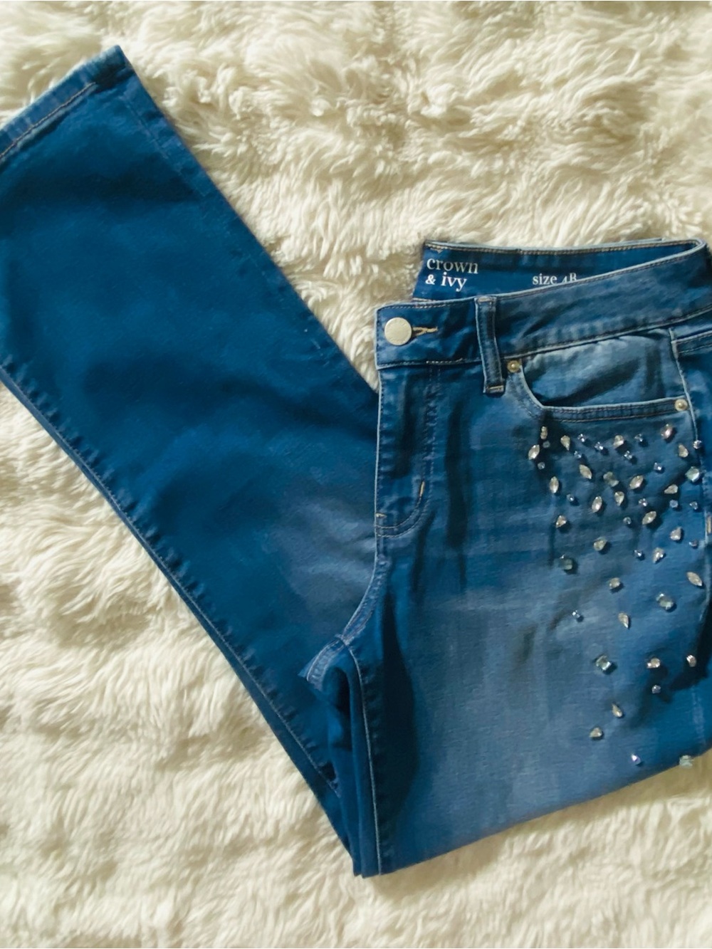 crown & ivy Dark Blue Skinny Jeans with Front Crystal Accents
